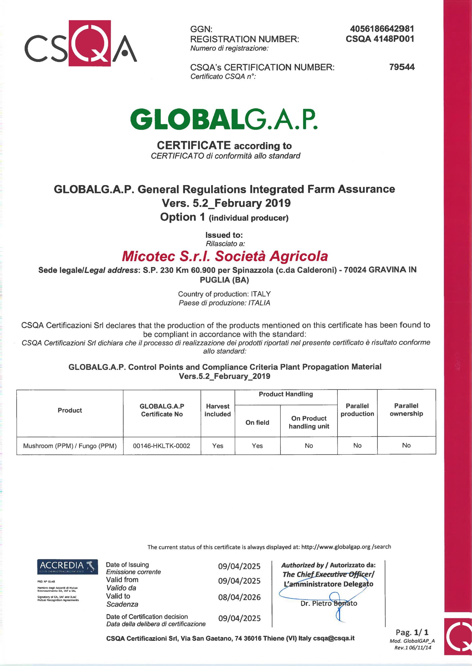 Certificato GlobalG.AP di CSQA, che attesta l'accreditamento di un'azienda per le pratiche agricole.