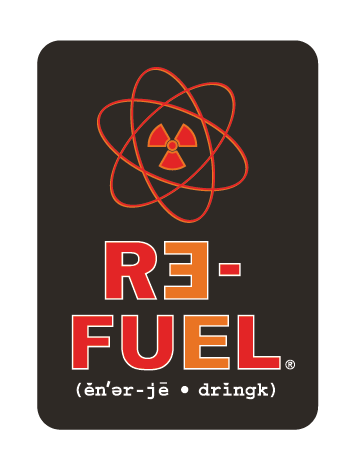 A logo for r3-fuel with an atom on it