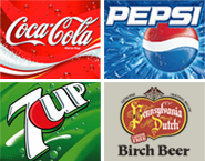A collage of coca cola , pepsi , 7up and birch beer
