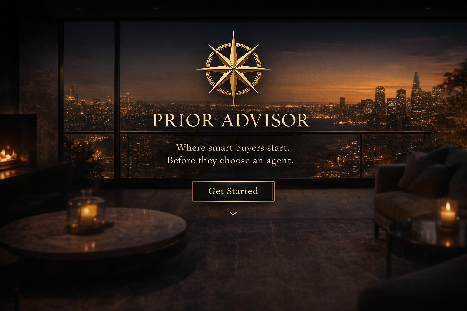 Luxury hotel lobby at night with warm city view and illuminated PRIOR ARTIST sign above a seating area