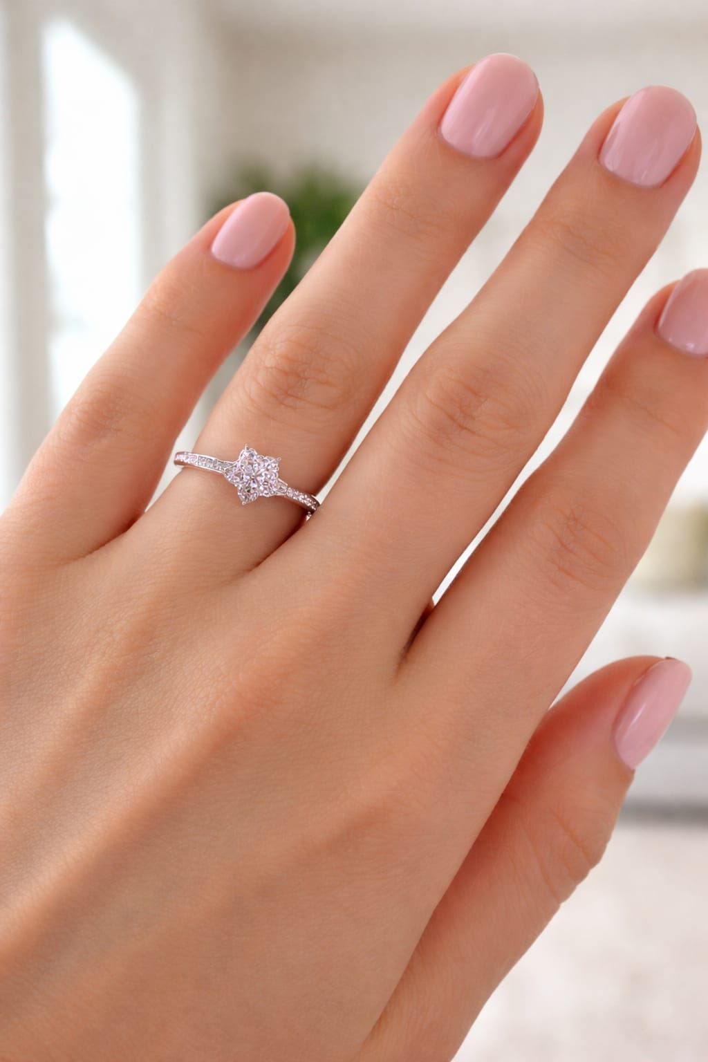 Mano con uñas rosas luciendo un anillo de estrella plateada sobre un fondo neutro difuminado.