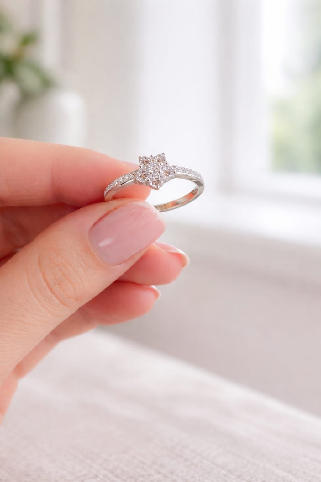 Mano con uñas rosas luciendo un anillo de estrella plateada sobre un fondo neutro difuminado.