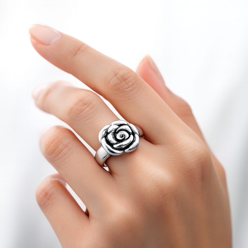 Mano con un anillo plateado en forma de flor sobre un fondo blanco.
