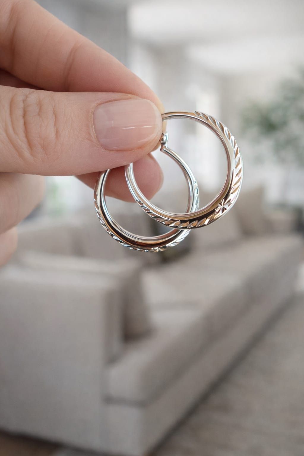 Una mano sosteniendo dos anillos de plata en el fondo borroso de una sala de estar.