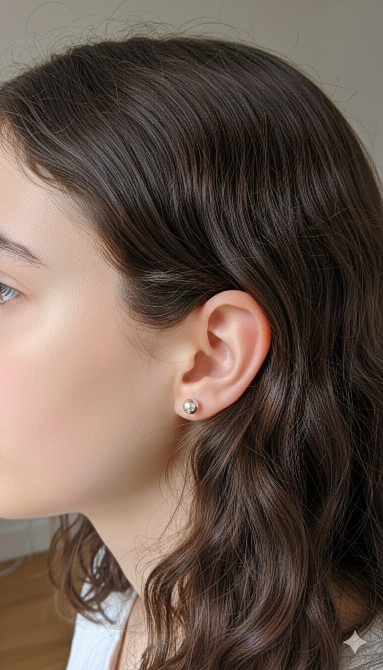 Perfil de una mujer de cabello oscuro que lleva un pequeño pendiente.