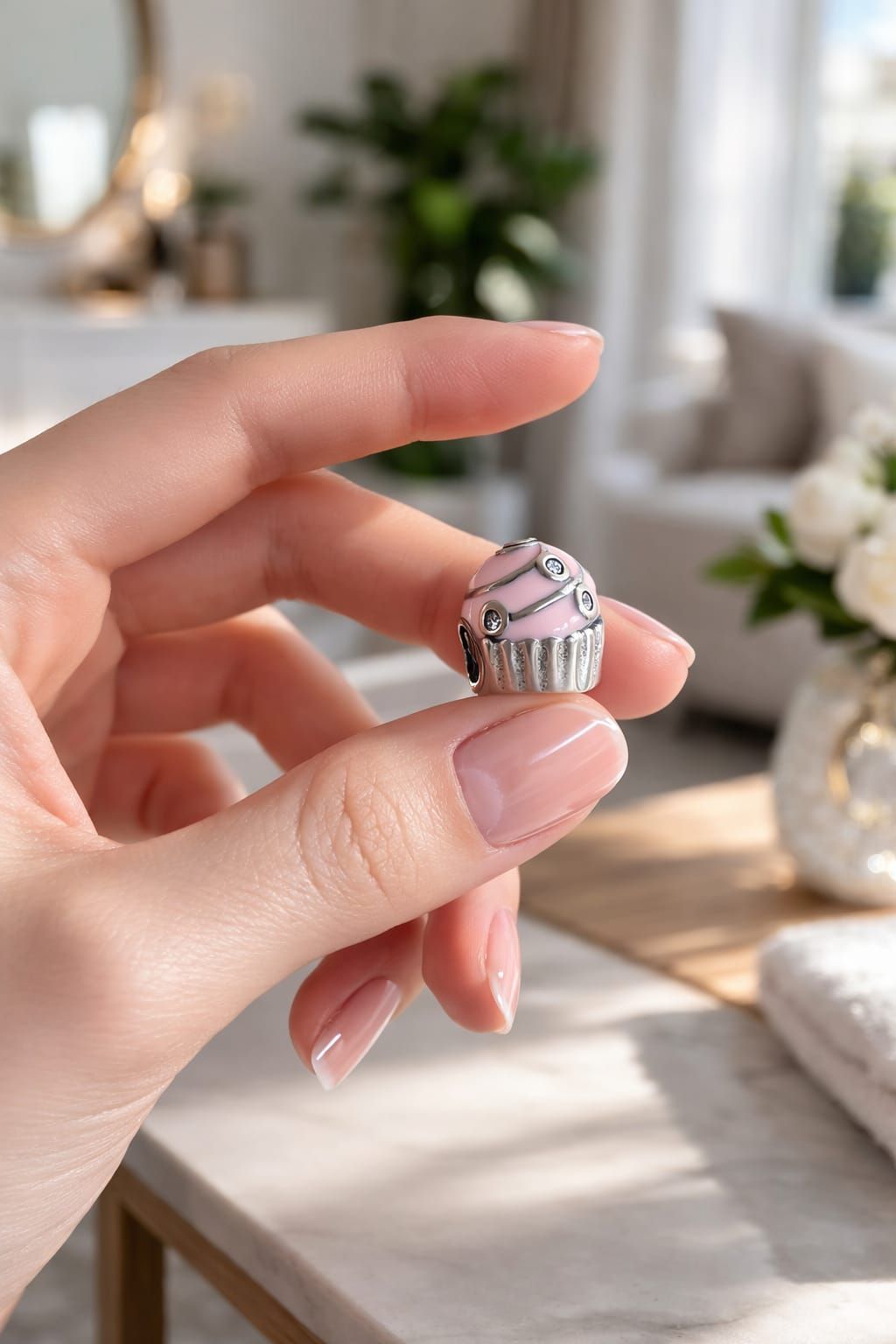Mano sosteniendo una cuenta plateada con un diseño de rosa rosa.