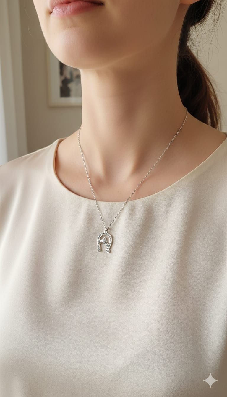 Primer plano de una persona que lleva un collar con colgante de plata sobre una blusa color crema.