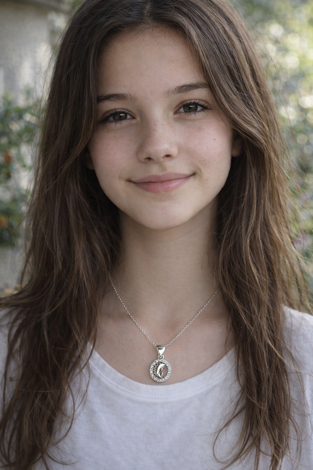 Persona sonriente con cabello castaño largo, vestida con una camisa blanca y un collar de plata, al aire libre.