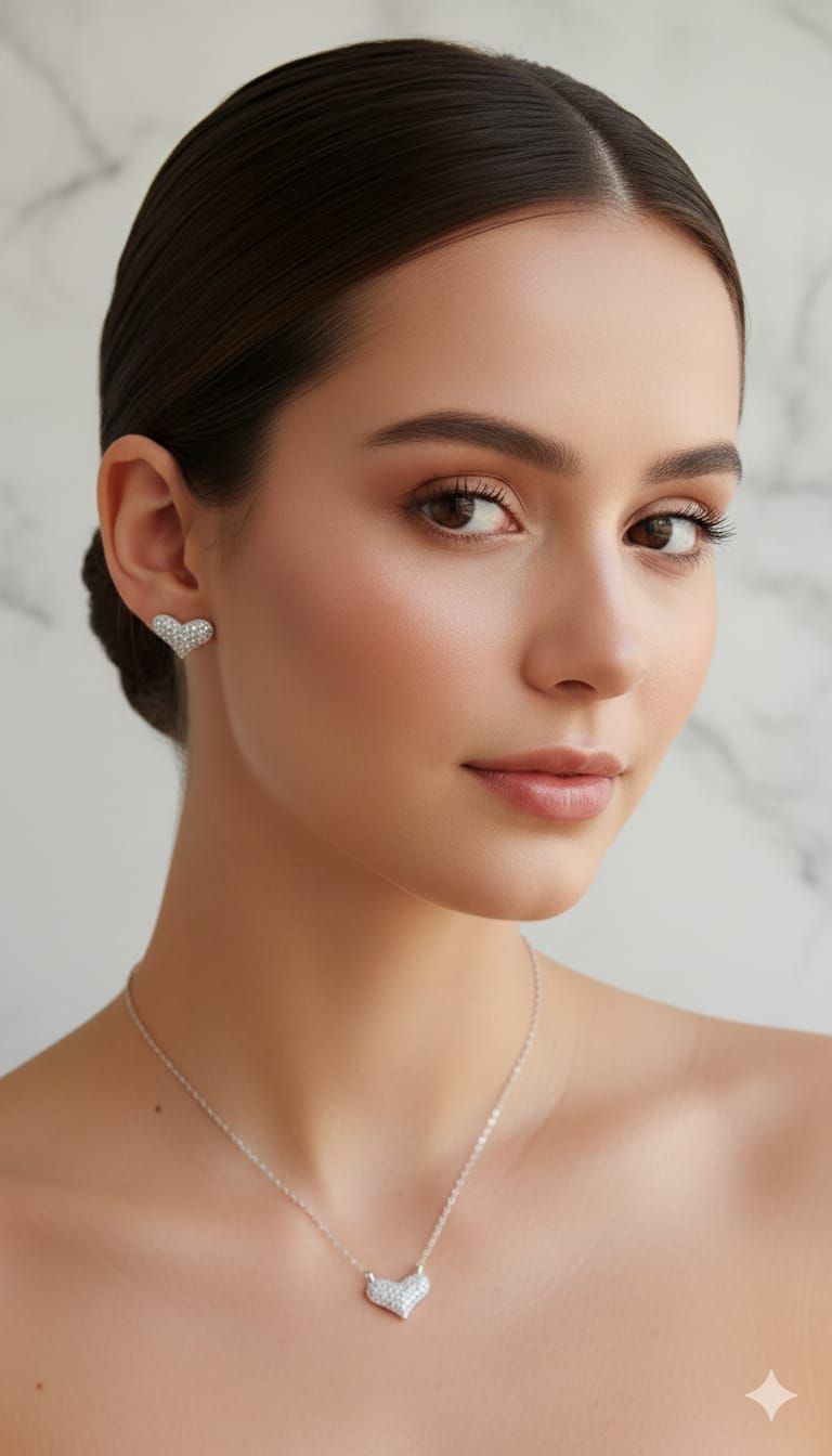 Retrato de una mujer con cabello oscuro, pendientes de perlas y un collar de plata sobre un fondo de mármol claro.