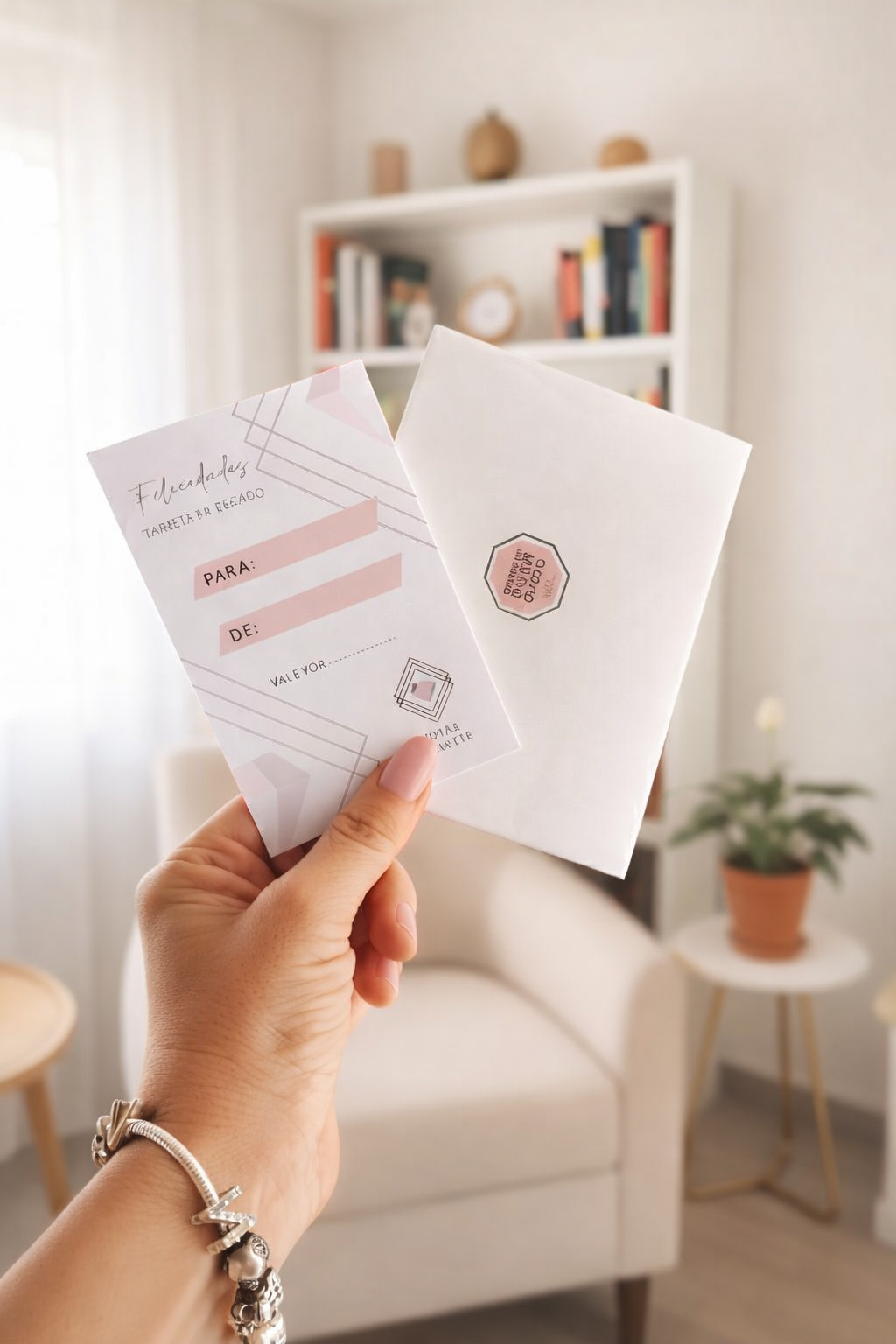 Una mano sostiene dos tarjetas de invitación rosas en una luminosa sala de estar con una silla y una planta al fondo.