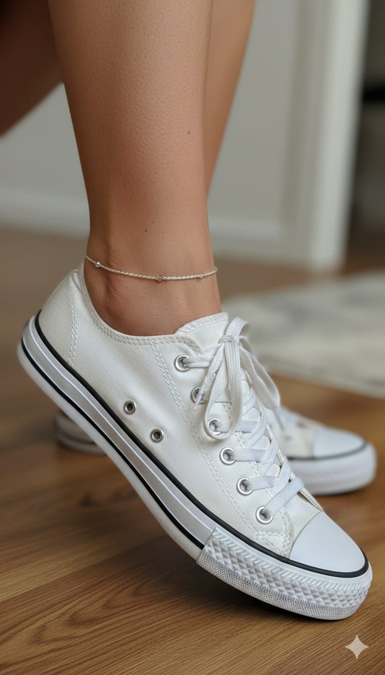 Zapatillas blancas de caña alta con una tobillera dorada sobre un suelo de madera.