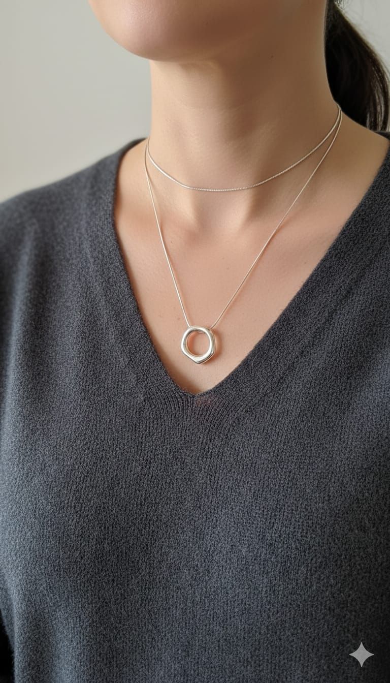 Primer plano de collares dorados superpuestos con un colgante circular sobre una blusa gris con escote en V.