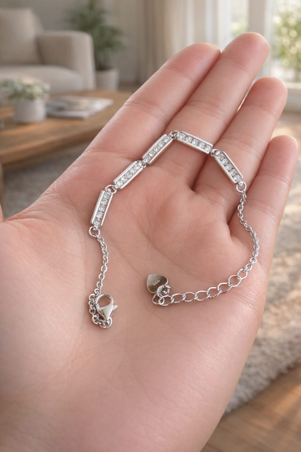 Pulsera de plata con piedras rectangulares en una muñeca, fotografiada en interiores cerca de una cortina.