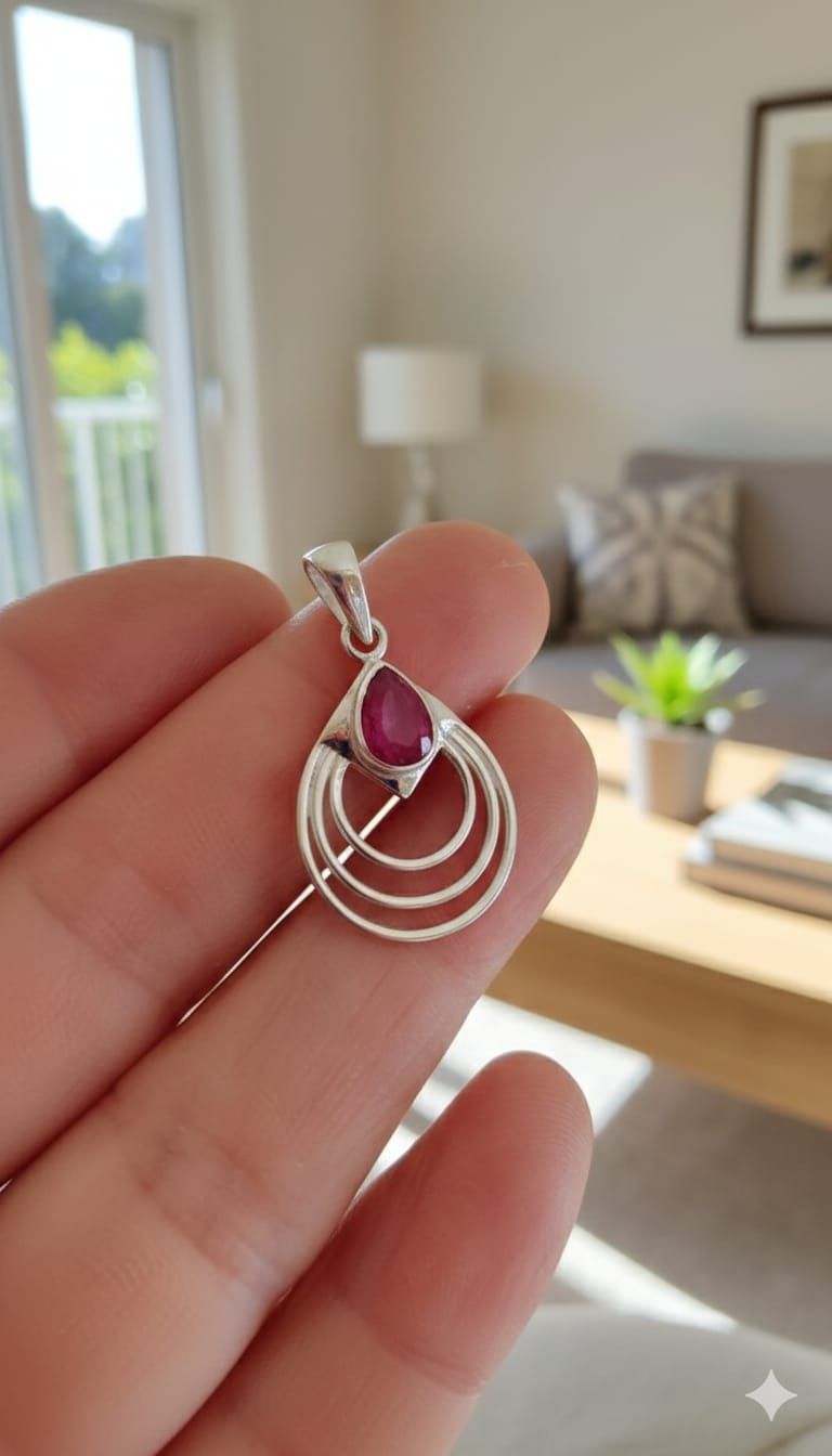 Mano sosteniendo un colgante de plata con una gema rosa, sobre un fondo luminoso de sala de estar.