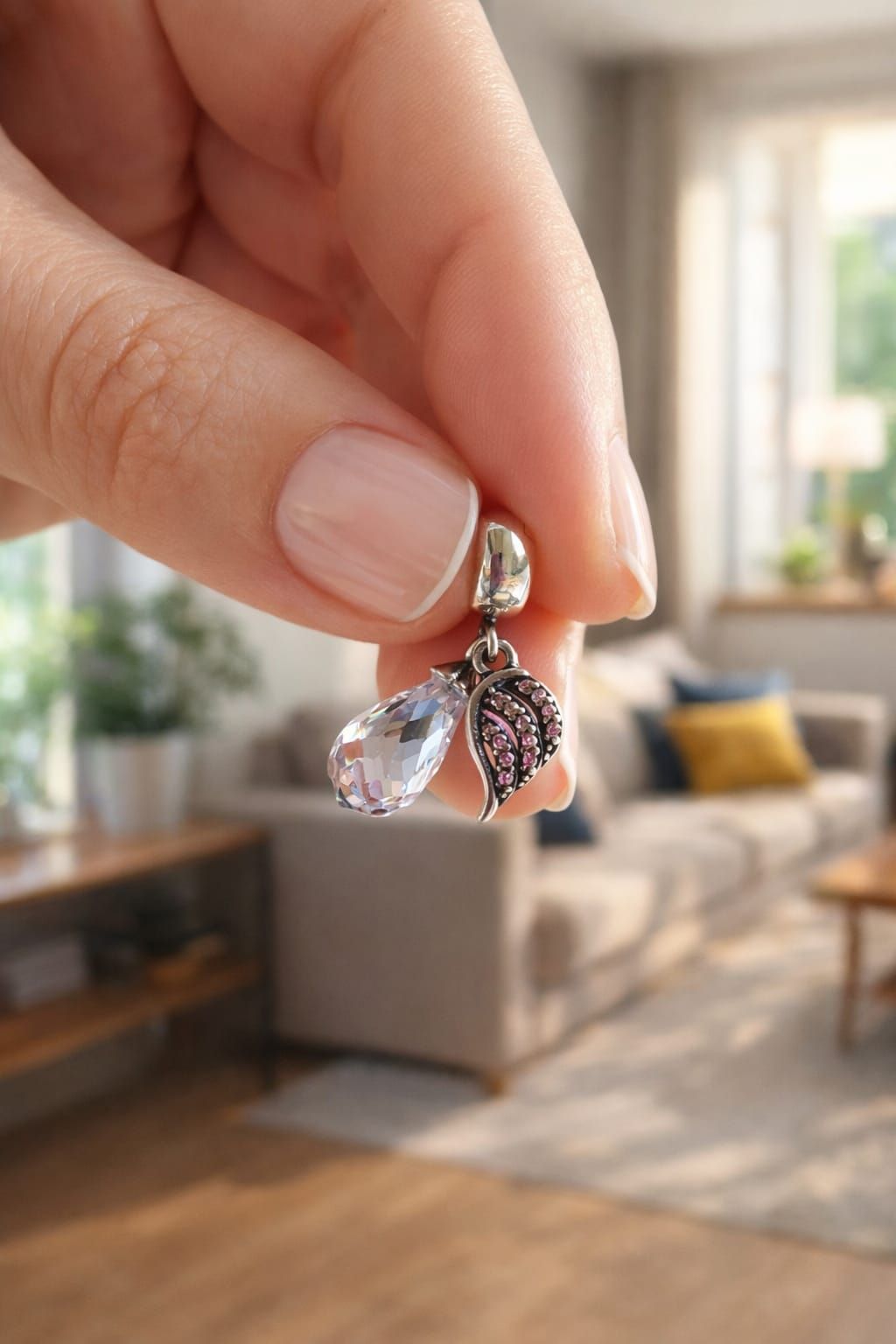 Una mano sostiene un pequeño colgante de flor de cristal y oro rosa en una sala de estar iluminada por el sol.