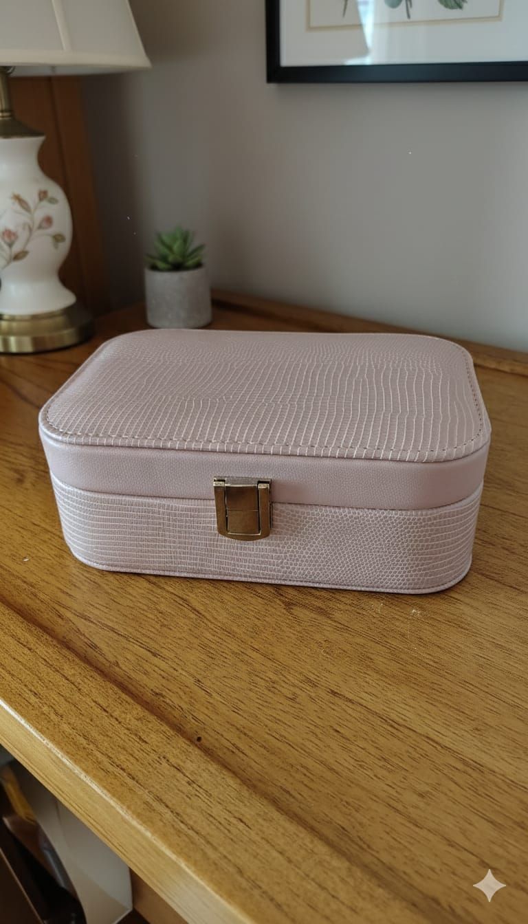 Pequeña caja de joyería rosa texturizada sobre una mesa de madera con cierre de latón.