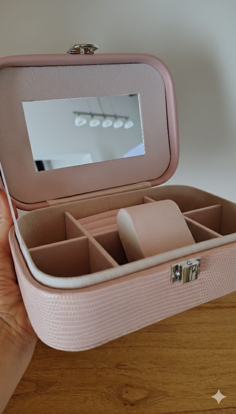 Pequeña caja de joyería rosa texturizada sobre una mesa de madera con cierre de latón.
