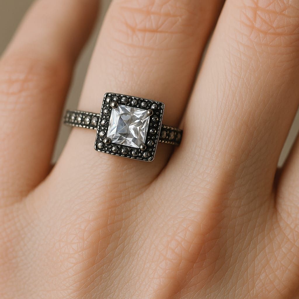 Primer plano de una mano que luce un anillo cuadrado de diamantes con una banda plateada y detalles oscuros.