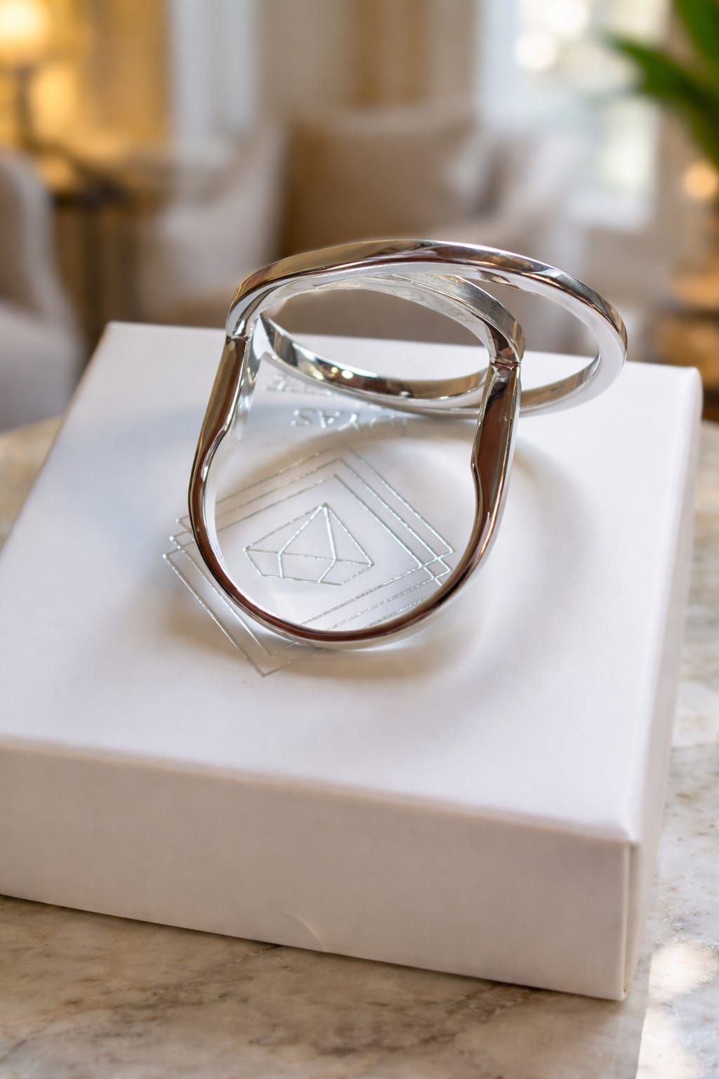 Mano con anillos de plata alzada en una sala de estar tenuemente iluminada.