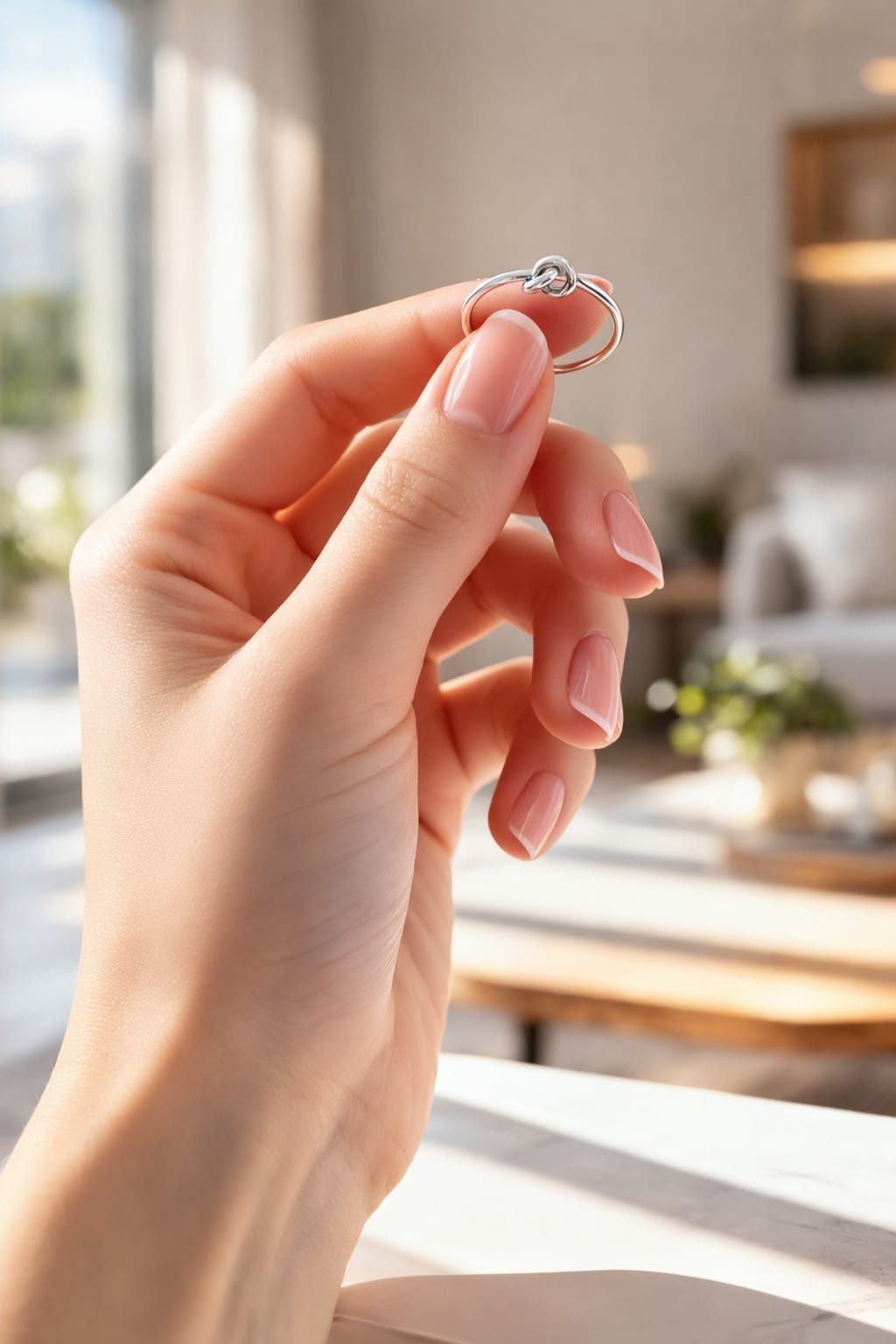 Primer plano de una mano que luce un delicado anillo de plata con una piedra transparente.