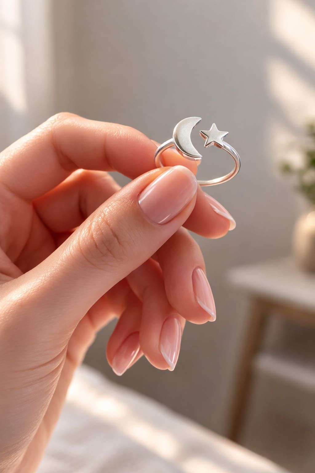 Mano sosteniendo un anillo de plata con forma de luna creciente y estrella bajo una suave luz natural.