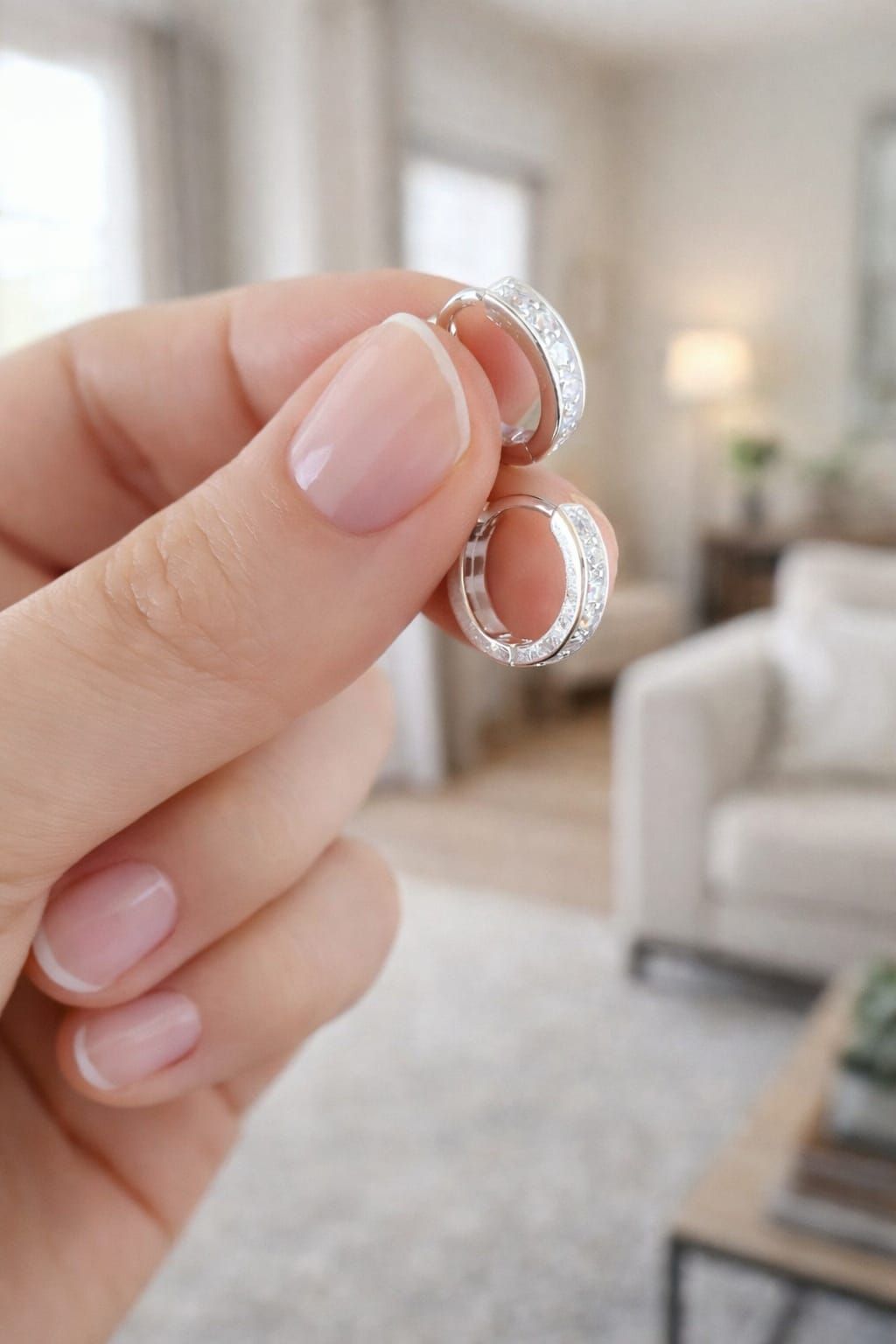 Una mano sostiene dos anillos de plata con piedras transparentes en una sala de estar con iluminación tenue.