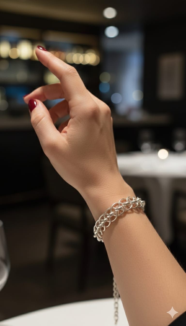 Pulsera de cadena plateada sobre una caja blanca encima de una mesa de madera, con una silla y una planta borrosas al fondo.