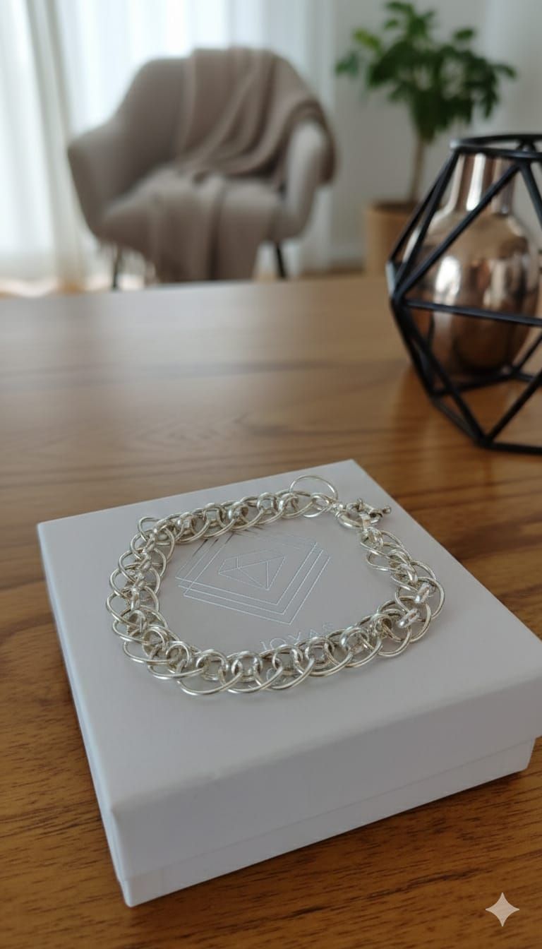 Pulsera de cadena plateada sobre una caja blanca encima de una mesa de madera, con una silla y una planta borrosas al fondo.