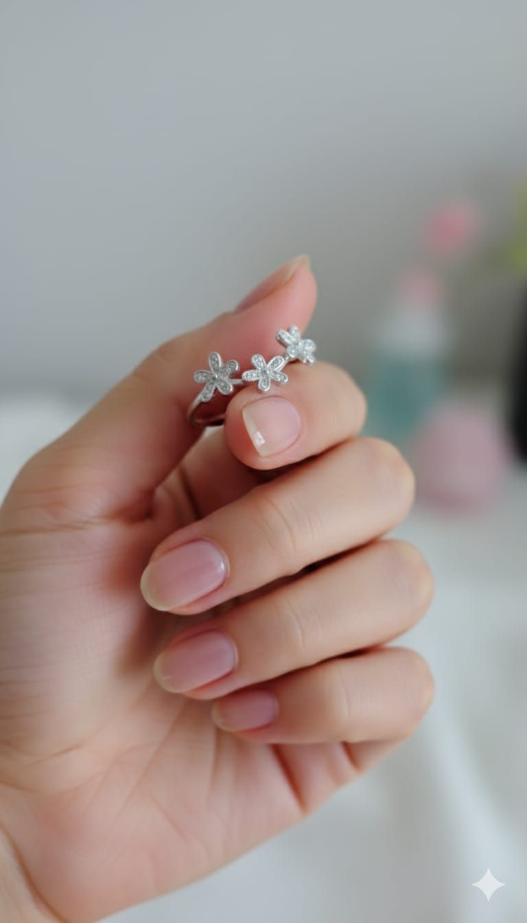 Mano con un delicado anillo de plata en forma de copo de nieve sobre un fondo interior borroso.