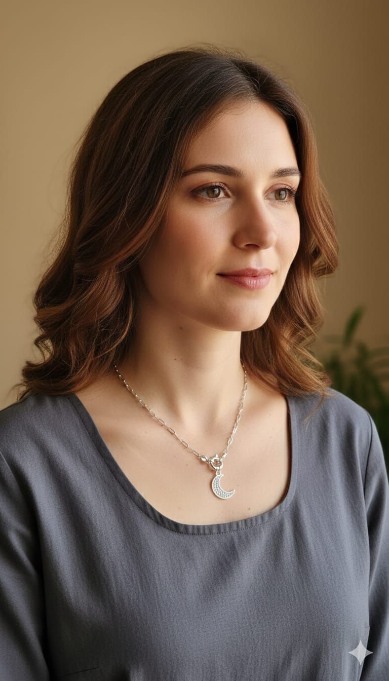 Mujer con una blusa gris y un collar plateado, mirando hacia un lado sobre un fondo marrón cálido.