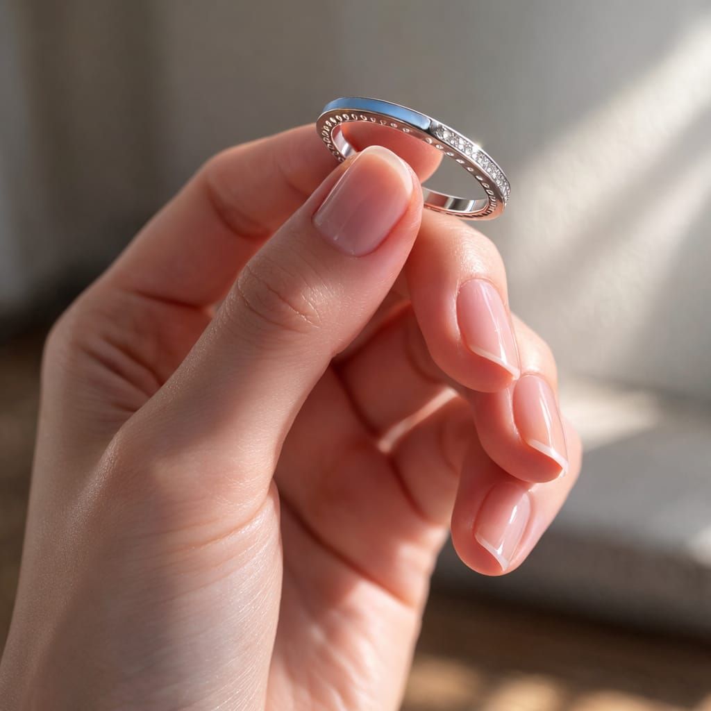 Una mano sostiene un anillo de plata con diamantes incrustados sobre un fondo suavemente iluminado.