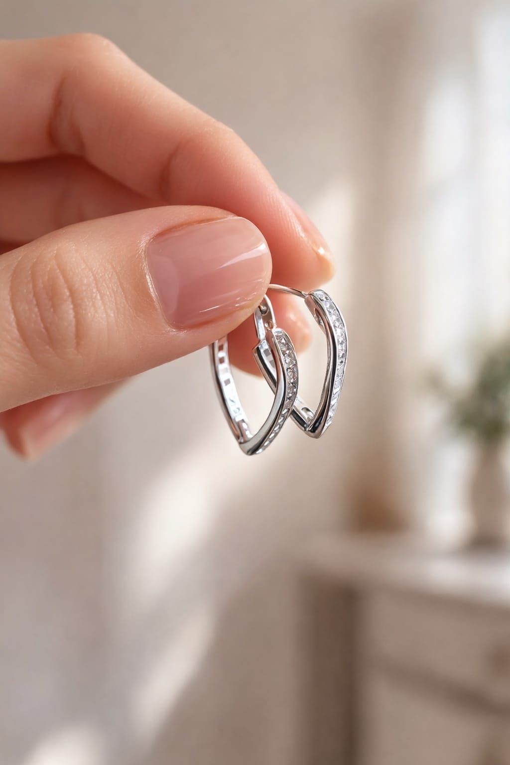 Mano sosteniendo dos delicados anillos de plata, uno en forma de corazón, con un suave fondo interior desenfocado.