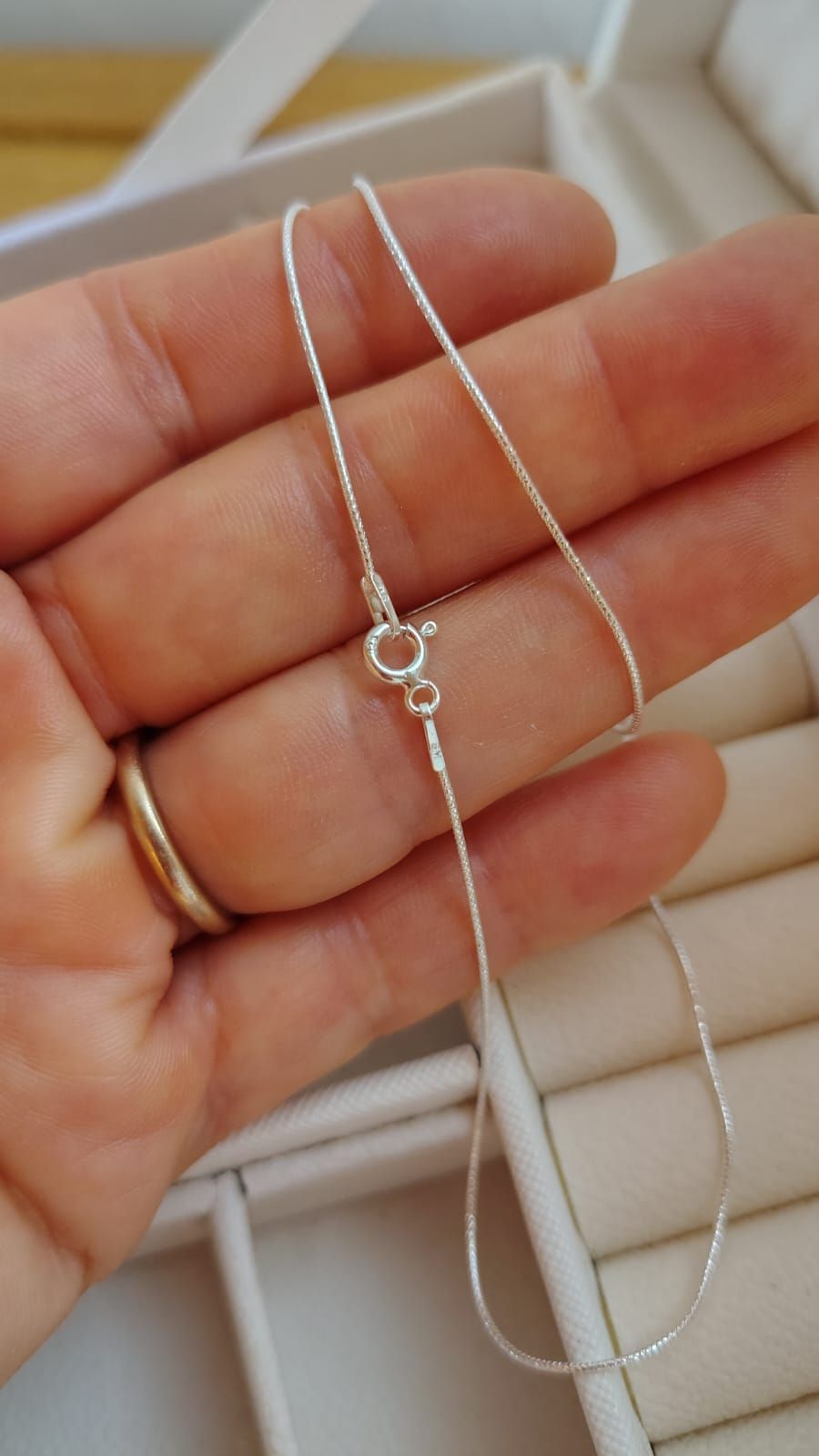 Mano sosteniendo un delicado collar de cadena de plata con un pequeño colgante redondo sobre un fondo claro.