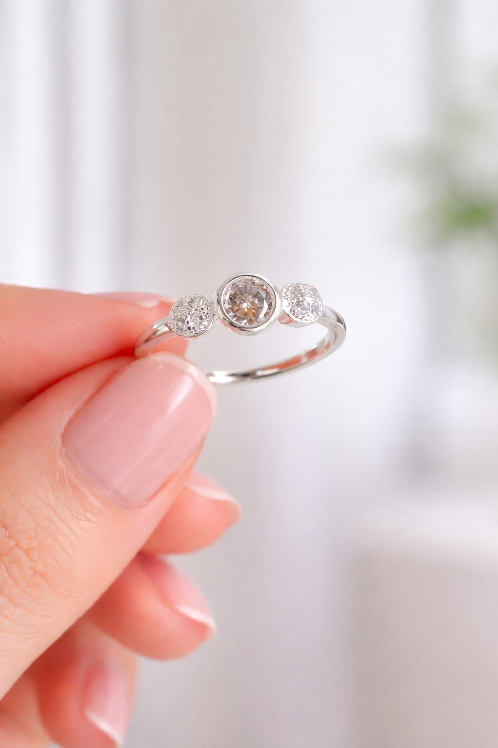 Mano con un anillo de plata con tres pequeñas piedras transparentes sobre un fondo suave y desenfocado.