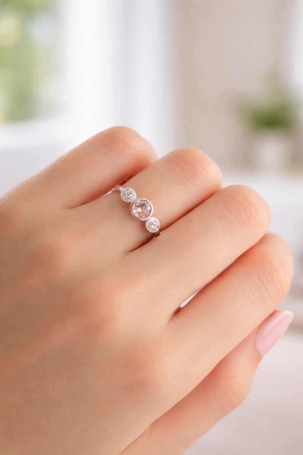Mano con un anillo de plata con tres pequeñas piedras transparentes sobre un fondo suave y desenfocado.