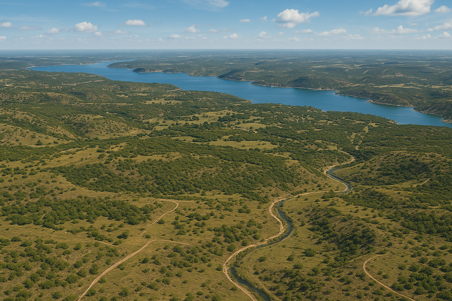 An aerial view of a river running through a lush green forest.