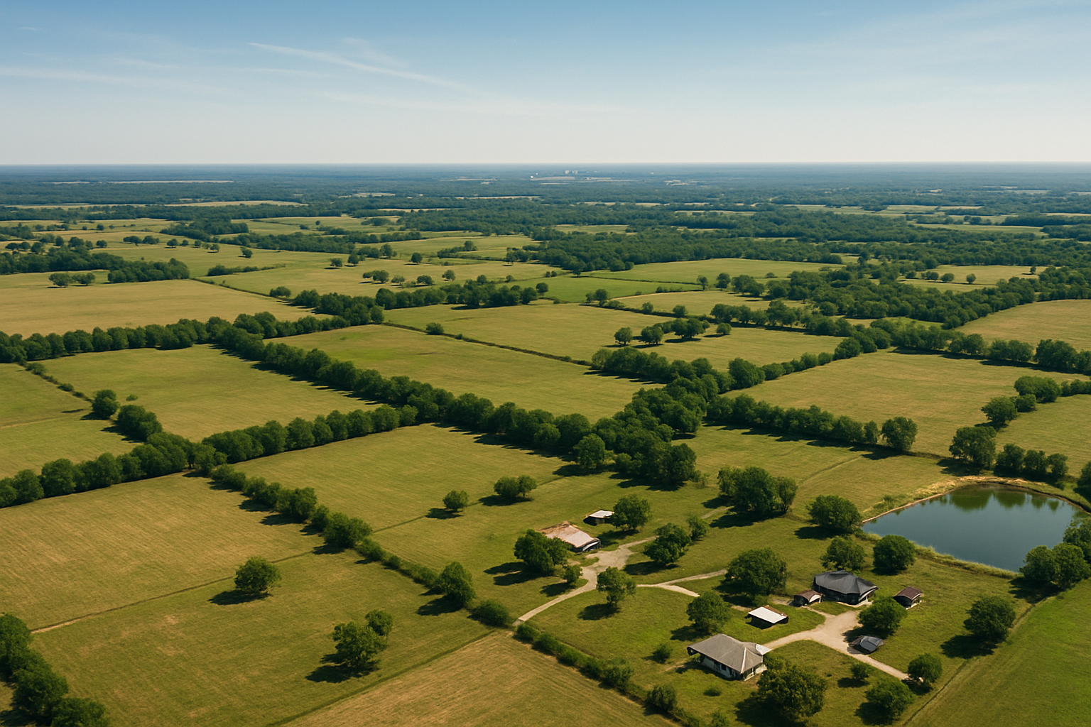 An aerial view of a lush green field with a house in the middle.