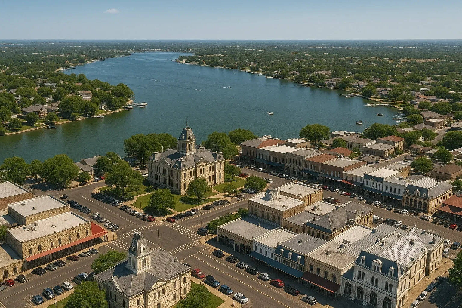 An aerial view of a city with a lake in the background.