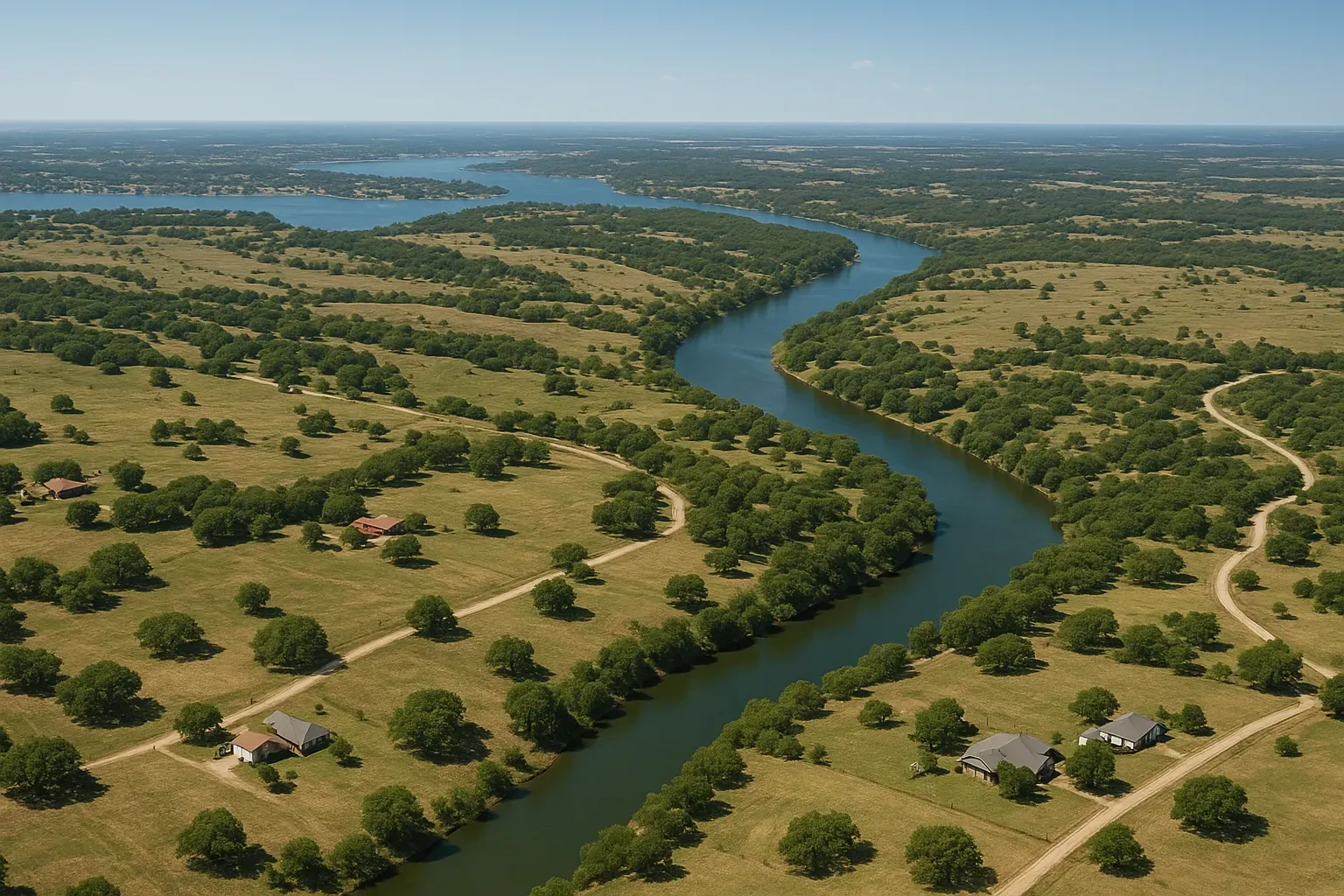 An aerial view of a river surrounded by trees and grass