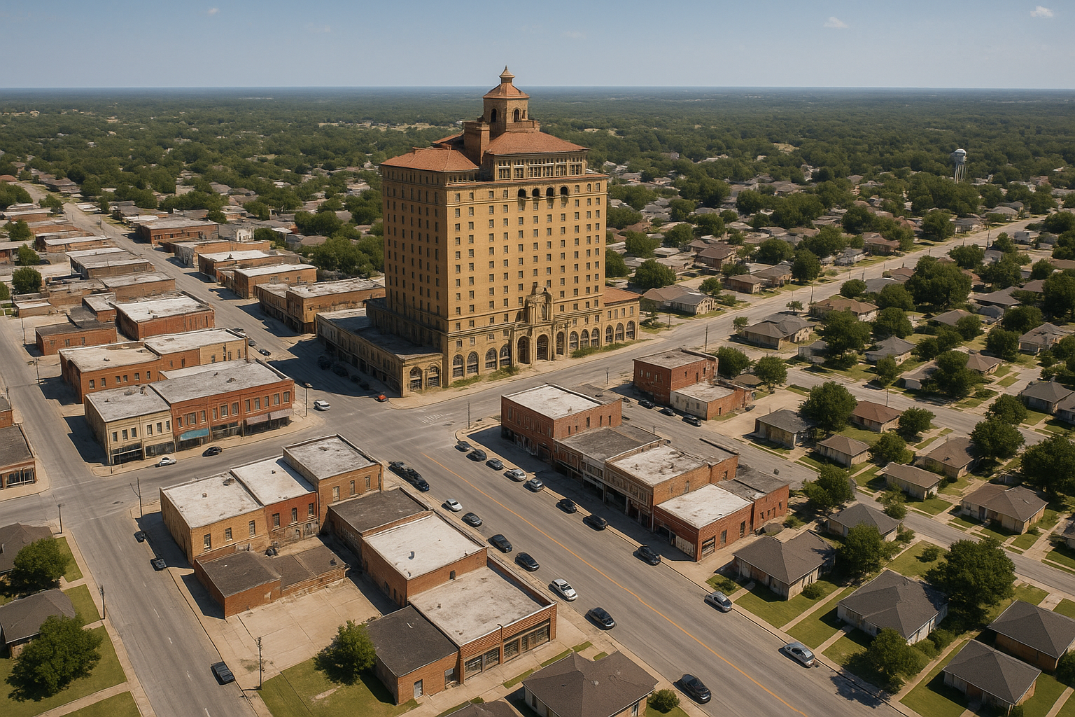 An aerial view of a city with a large building in the middle