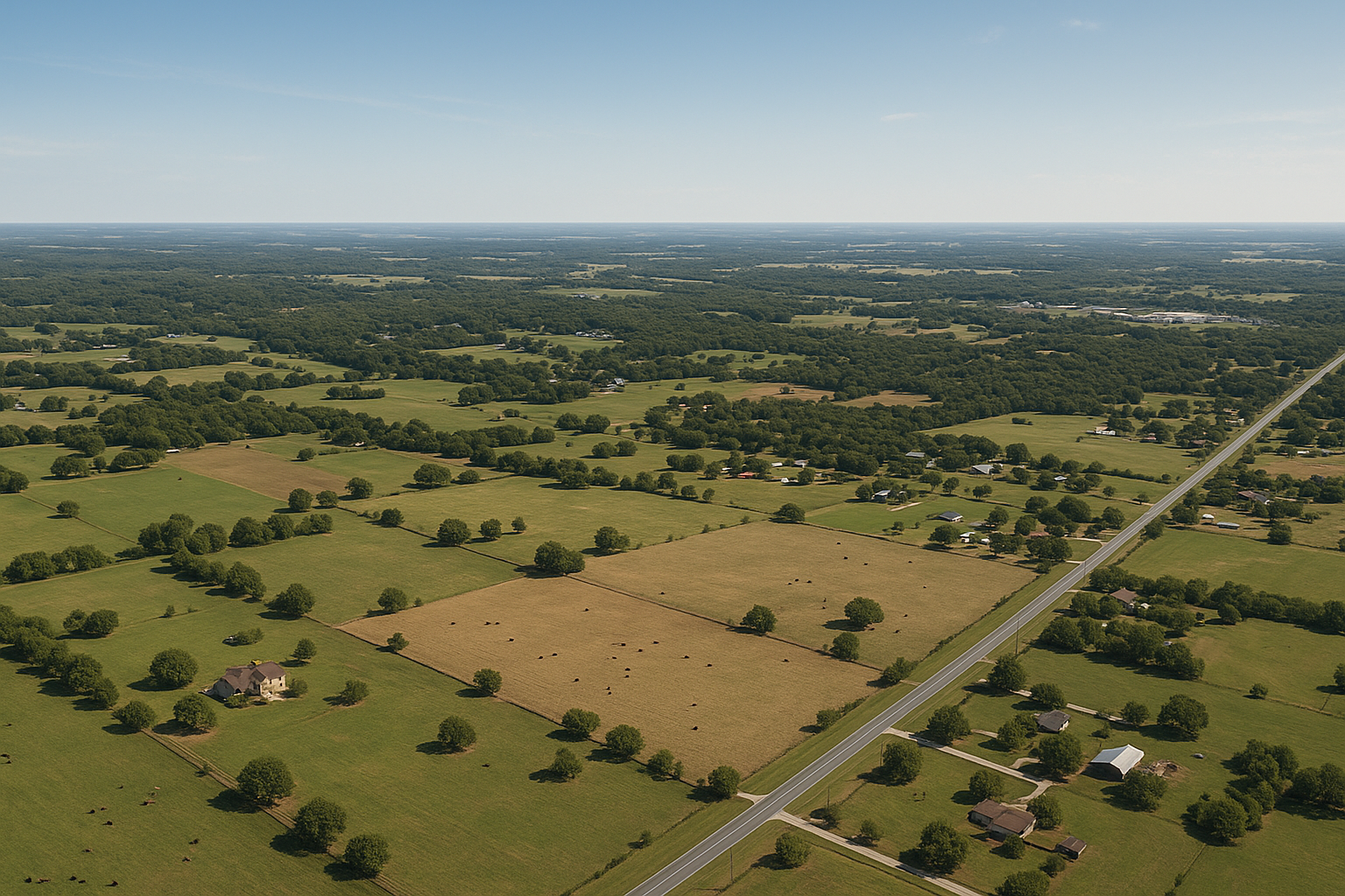 An aerial view of a lush green field with trees and a road.