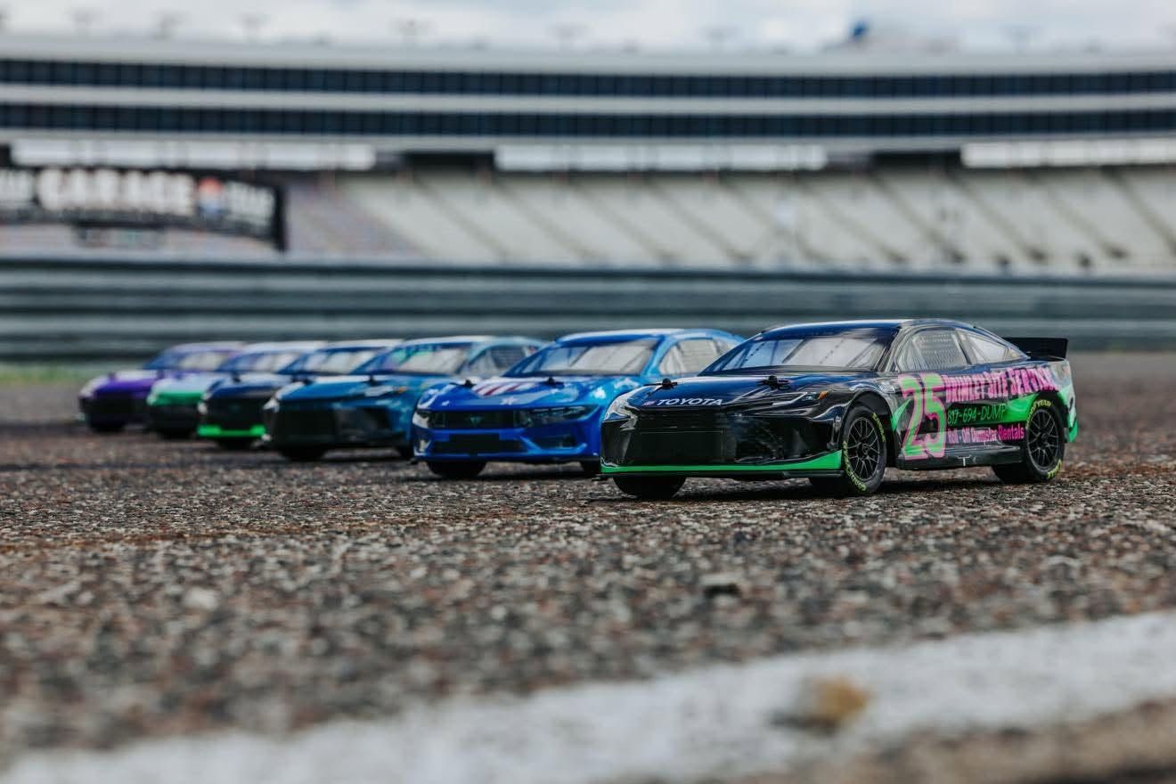 Branded RC NASCAR car racing on the track