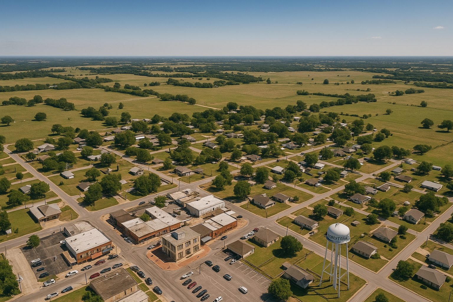 An aerial view of a small town with a water tower.