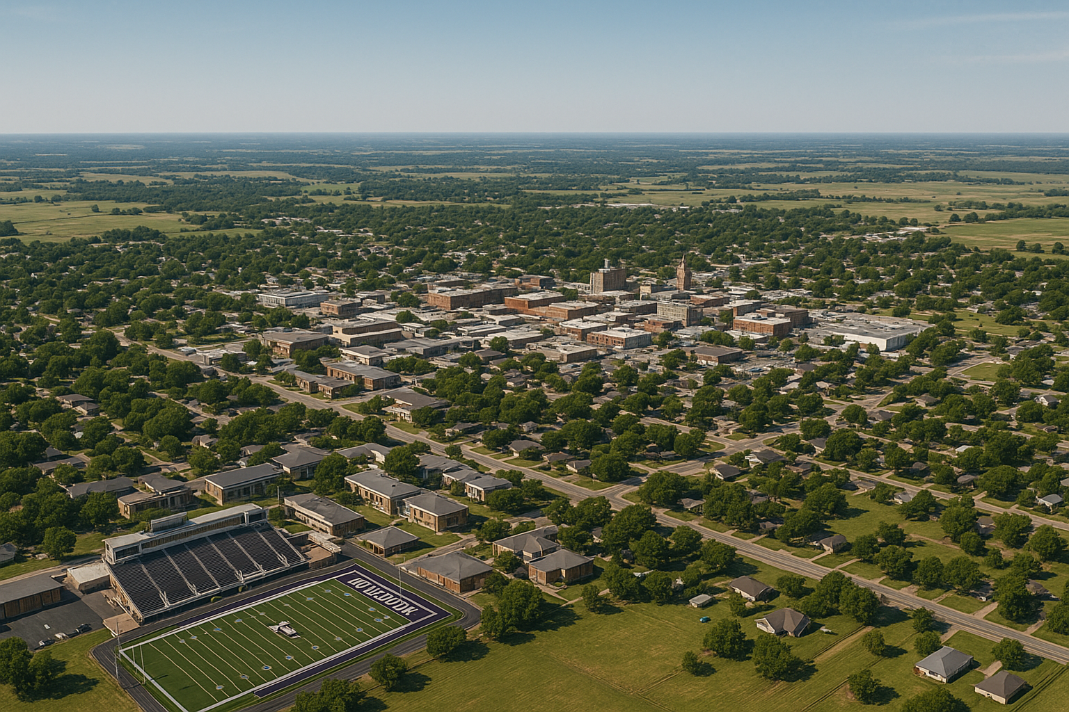 An aerial view of a small town with a football field in the middle of it.