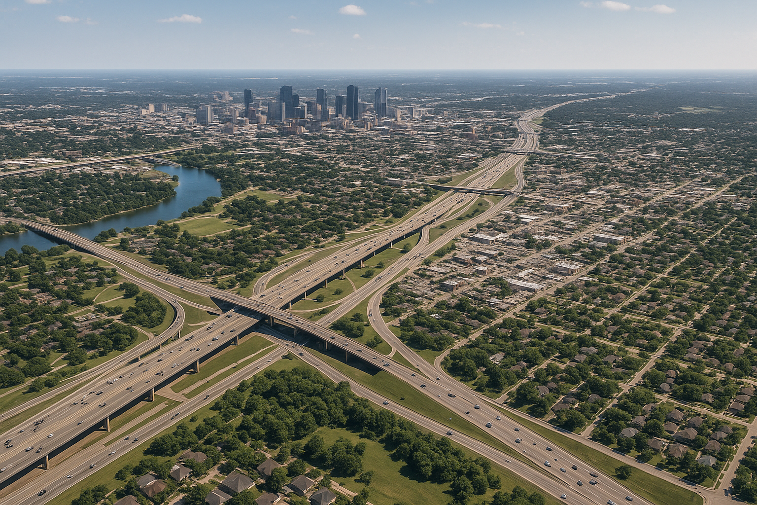 An aerial view of a highway intersection with a city in the background.