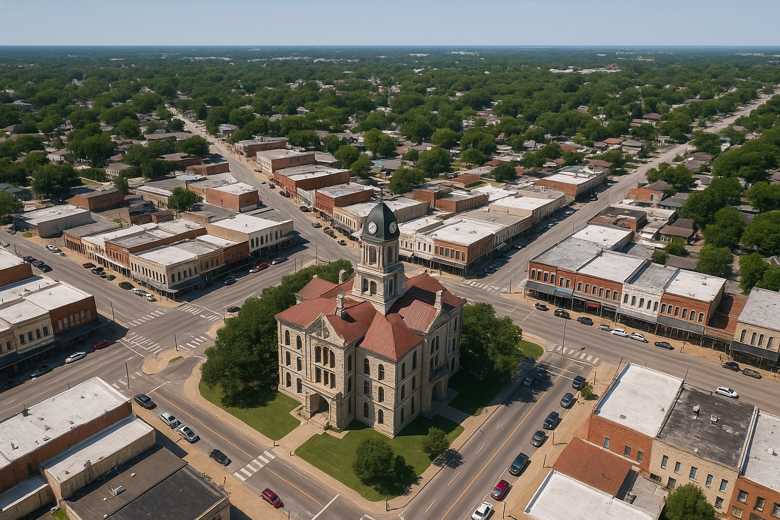 An aerial view of a small town with a courthouse in the middle