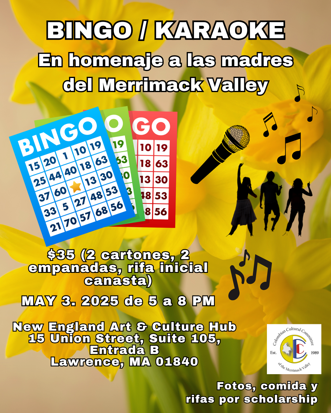 Event flyer for a Mother’s Day Bingo/Karaoke fundraiser on May 3, 2025, at the New England Art & Culture Hub in Lawrence.
