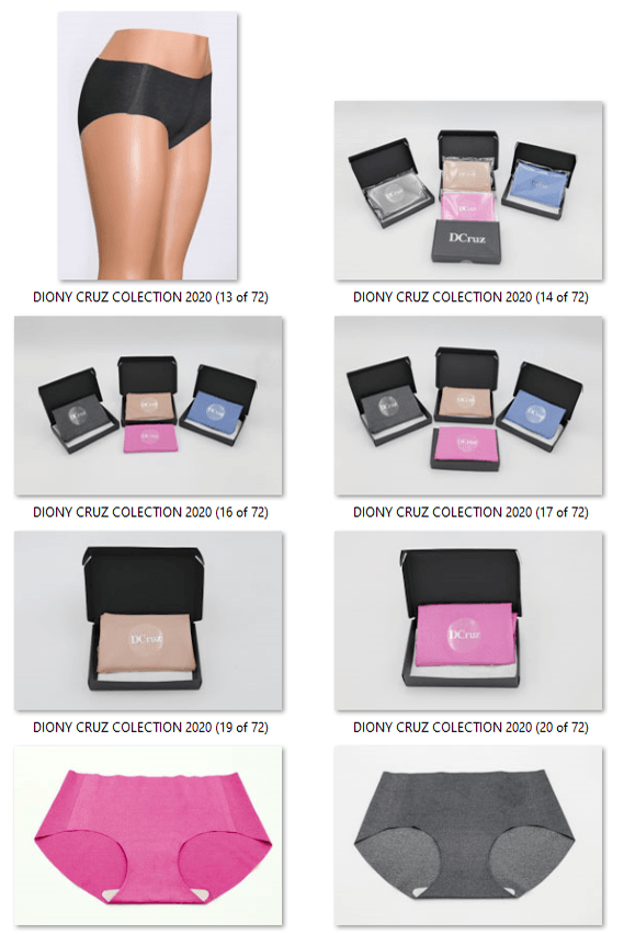 A grid showing black, beige, and pink seamless underwear in individual gift boxes and displayed on a mannequin.