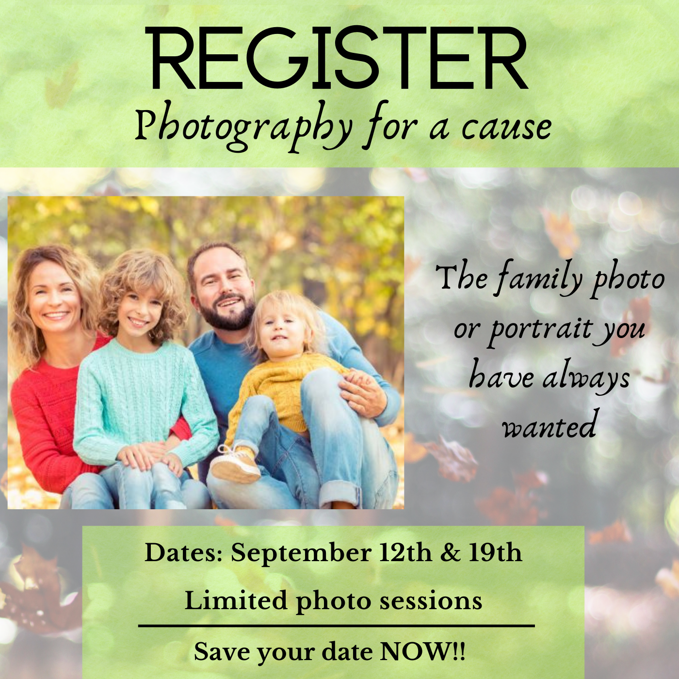 A flyer promoting photography sessions on September 12th and 19th featuring a happy family sitting outdoors.