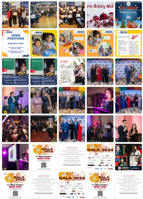 Collage of holiday event flyers and photos in red, white, and blue with people dancing and posing